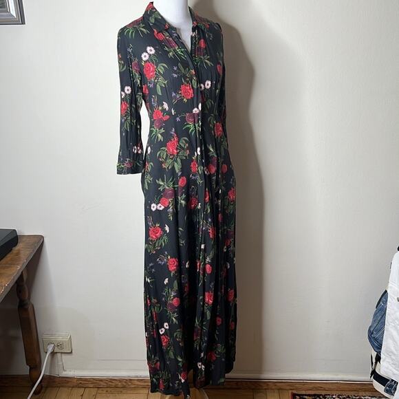 Zara Black Rose Print Maxi Shirt Dress - Picture 4 of 9